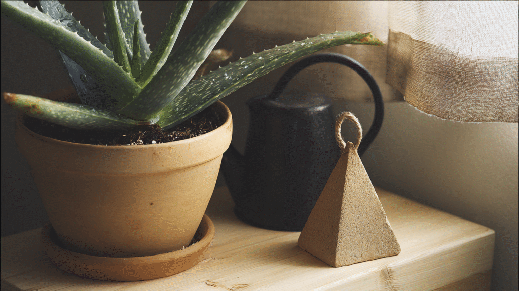 Close-up of a healthy aloe vera plant with thick green leaves in a terracotta pot, bathed in soft natural light by an east-facing window.