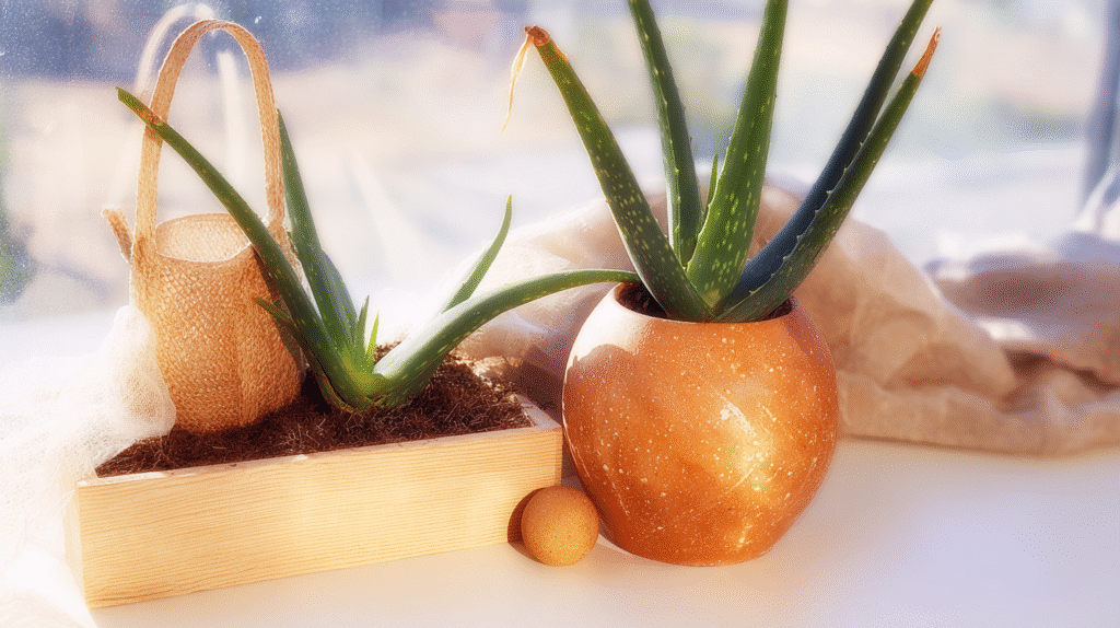 Close-up of a healthy aloe vera plant with thick green leaves in a terracotta pot, bathed in soft natural light by an east-facing window.