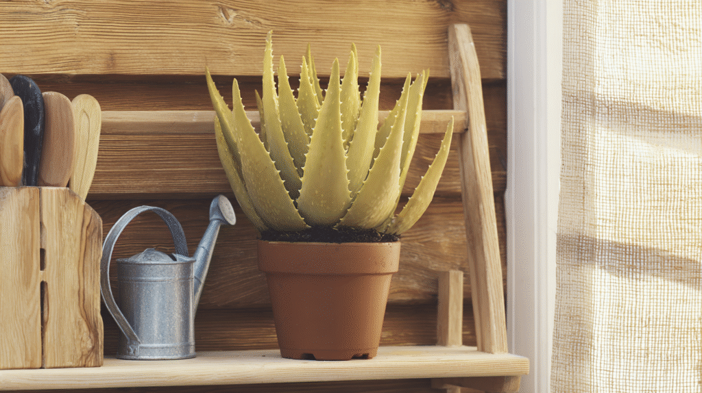 Close-up of a healthy aloe vera plant with thick green leaves in a terracotta pot, bathed in soft natural light by an east-facing window.