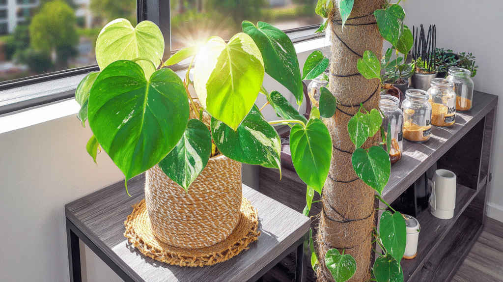 Philodendron thriving in a bright indoor living room with lush green leaves and trailing vines