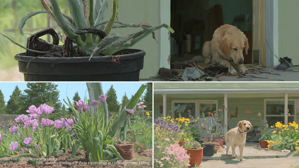 A golden retriever in a backyard near garden plants, showing the importance of pet-safe gardening.
