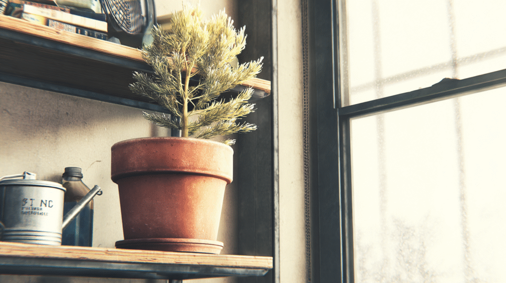 Indoor lavender plant growing on a sunny windowsill in a cozy, lived-in home  