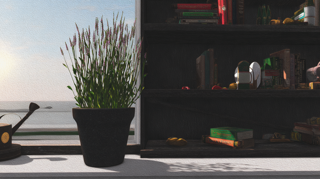 Indoor lavender plant growing on a sunny windowsill in a cozy, lived-in home  