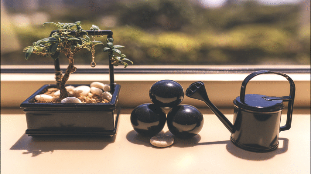 Struggling indoor bonsai tree near a window with weak light