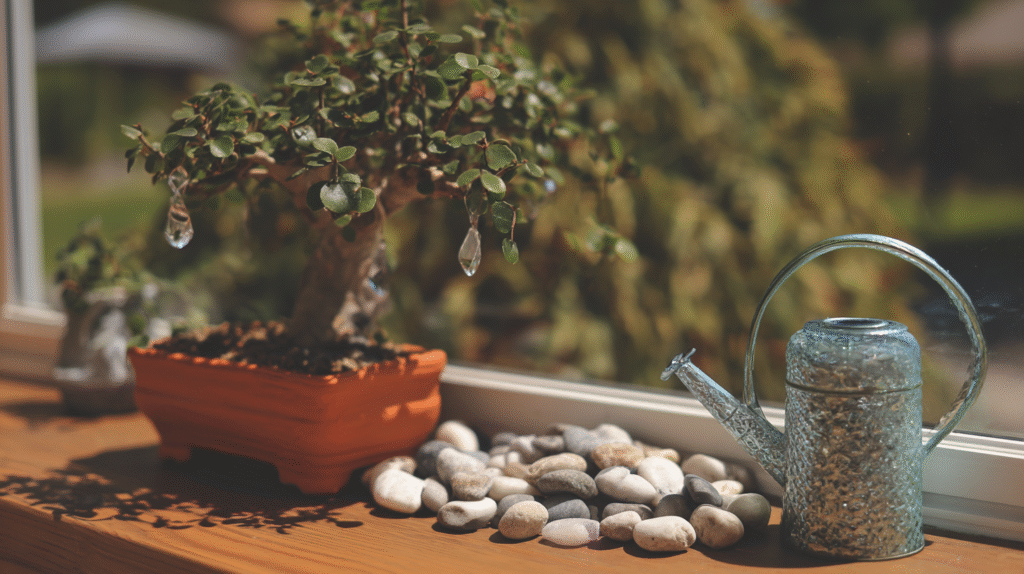 Struggling indoor bonsai tree near a window with weak light