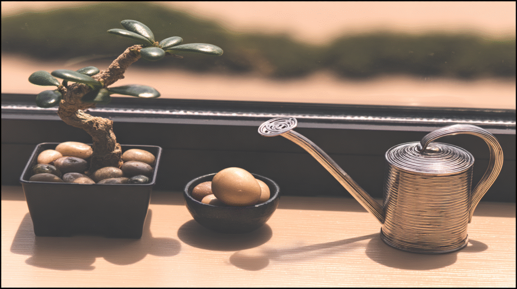 Struggling indoor bonsai tree near a window with weak light