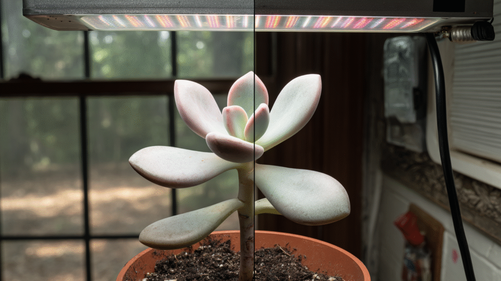  Indoor succulent grow light setup on plant shelves