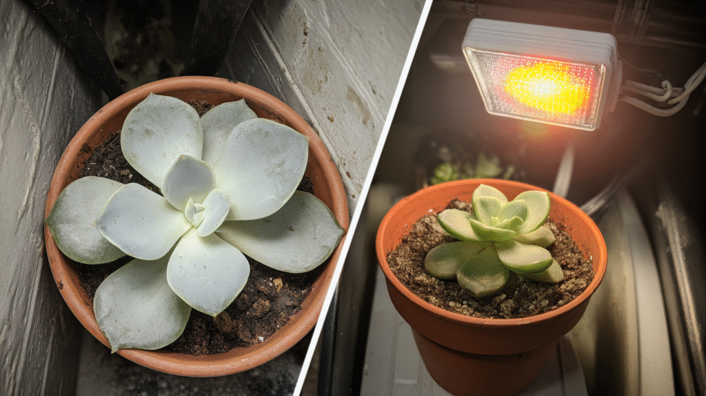  Before and after using grow lights on succulents