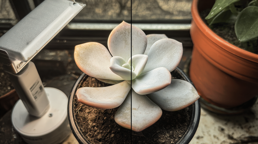 Stretched vs. healthy succulent comparison under different light conditions