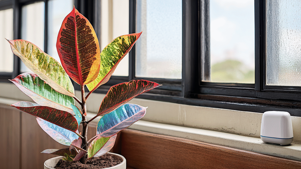 Croton plant next to a small humidifier indoors