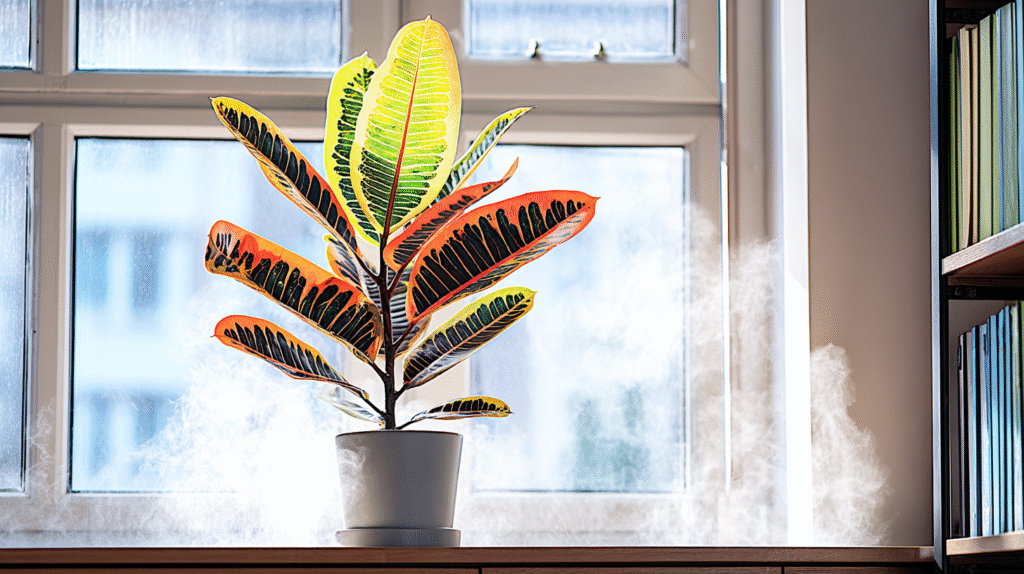 Gently washing Croton plant leaves under soft water spray
