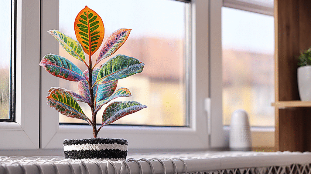 Gently washing Croton plant leaves under soft water spray