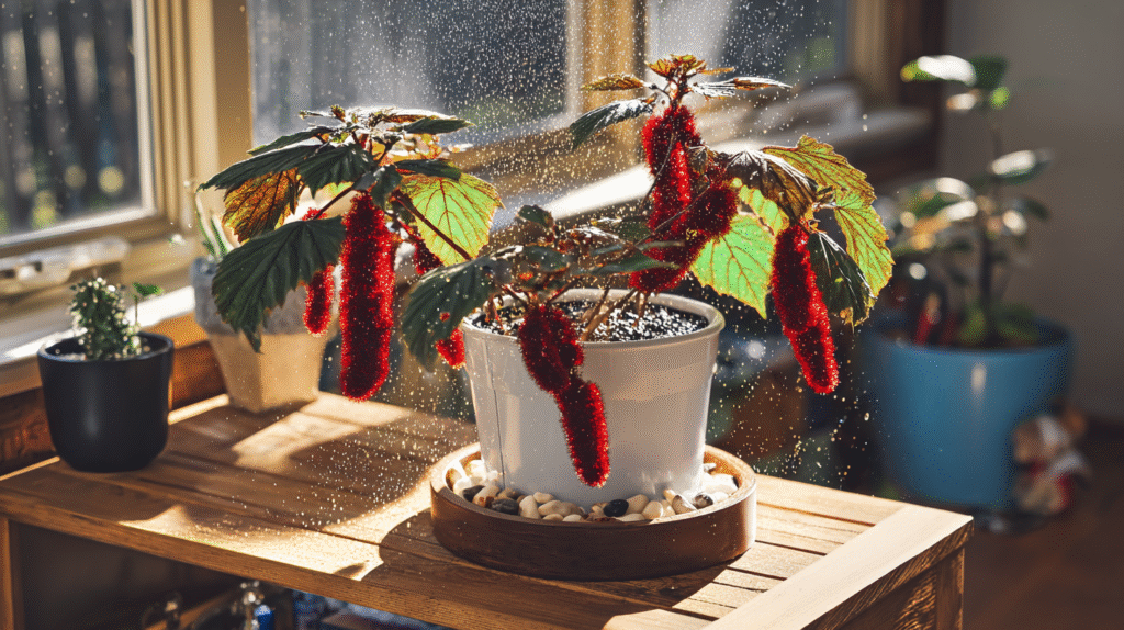 A healthy vibrant Cat Tail plant with bright red fuzzy tassels in a warm, well-lit indoor environment