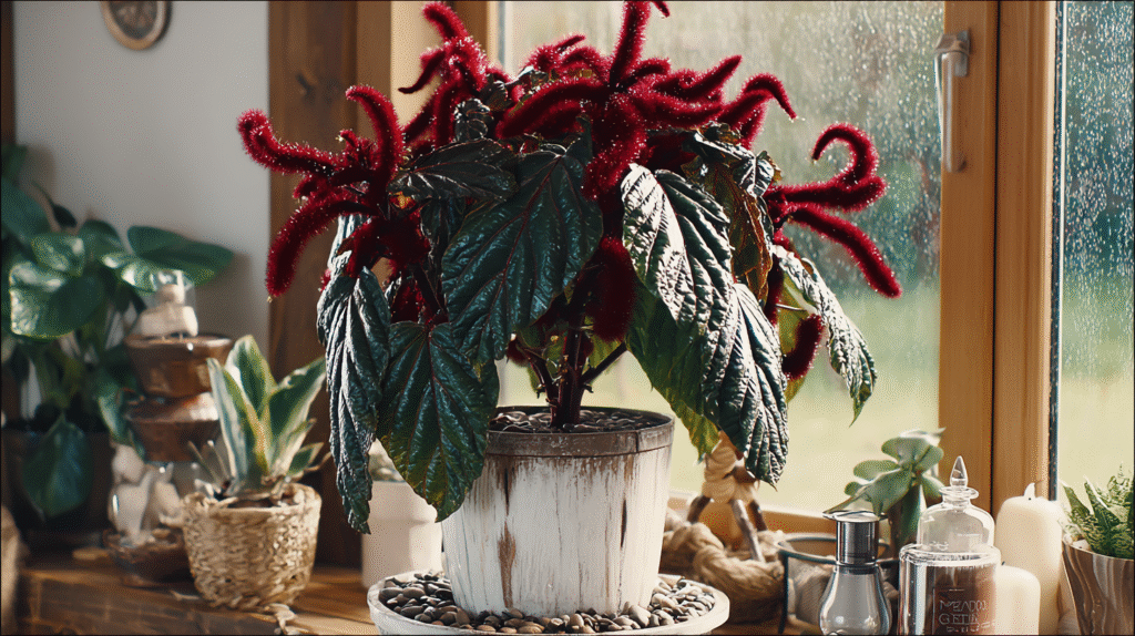 A healthy vibrant Cat Tail plant with bright red fuzzy tassels in a warm, well-lit indoor environment
