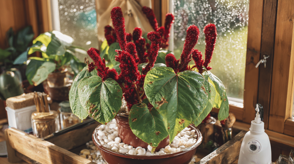 A healthy vibrant Cat Tail plant with bright red fuzzy tassels in a warm, well-lit indoor environment