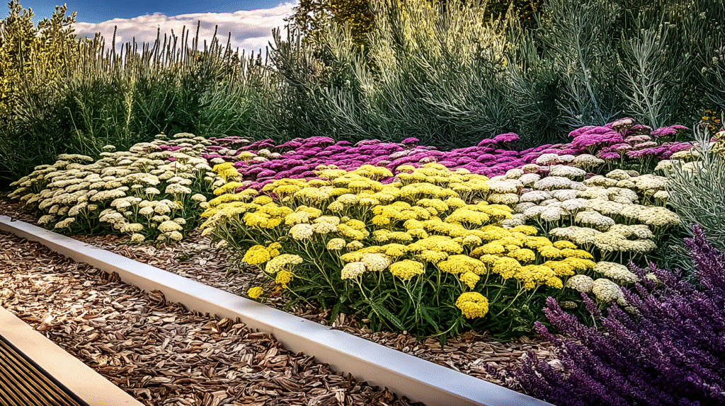Vibrant outdoor garden filled with blooming yellow and pink yarrow flowers attracting bees and butterflies under bright sunlight.