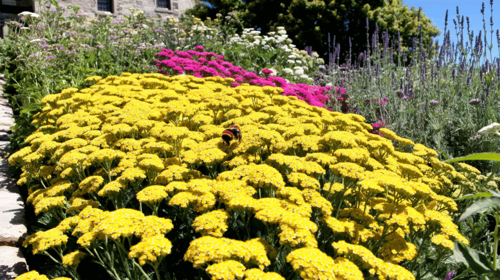 Vibrant outdoor garden filled with blooming yellow and pink yarrow flowers attracting bees and butterflies under bright sunlight.