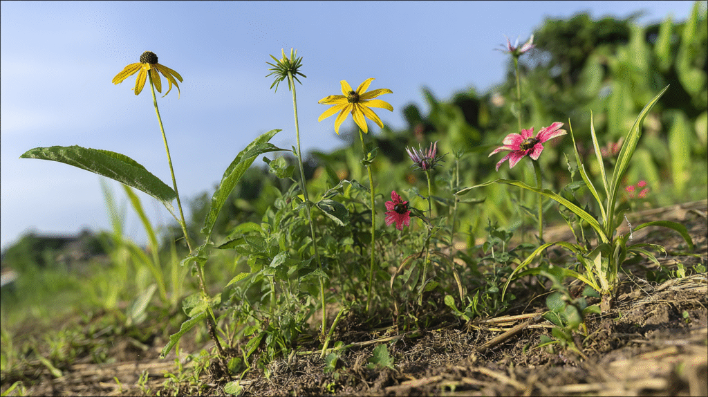Bright yellow Black-eyed Susans (Rudbeckia hirta) blooming in a sunlit garden with lush green foliage and companion plants.  