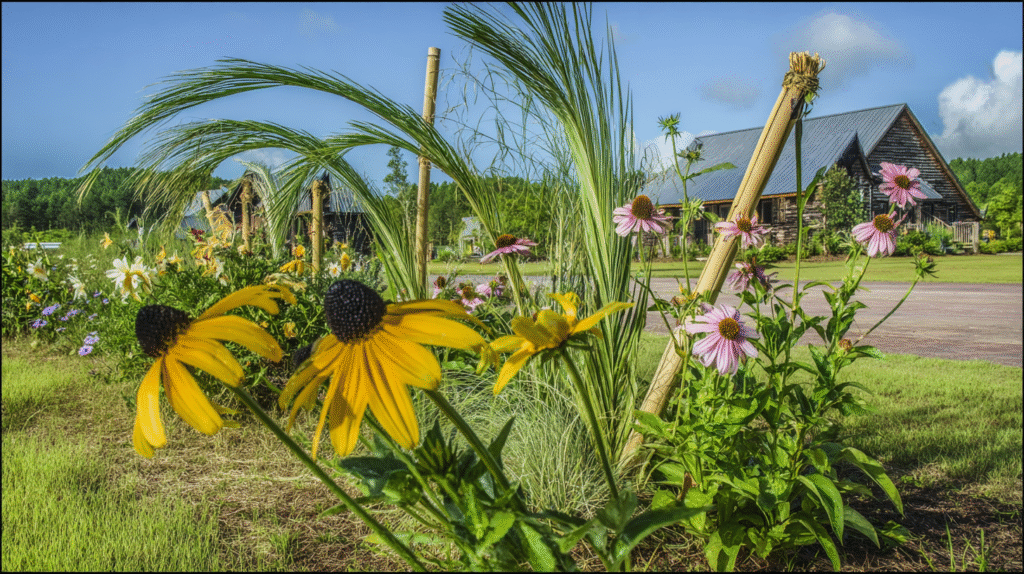 Bright yellow Black-eyed Susans (Rudbeckia hirta) blooming in a sunlit garden with lush green foliage and companion plants.  