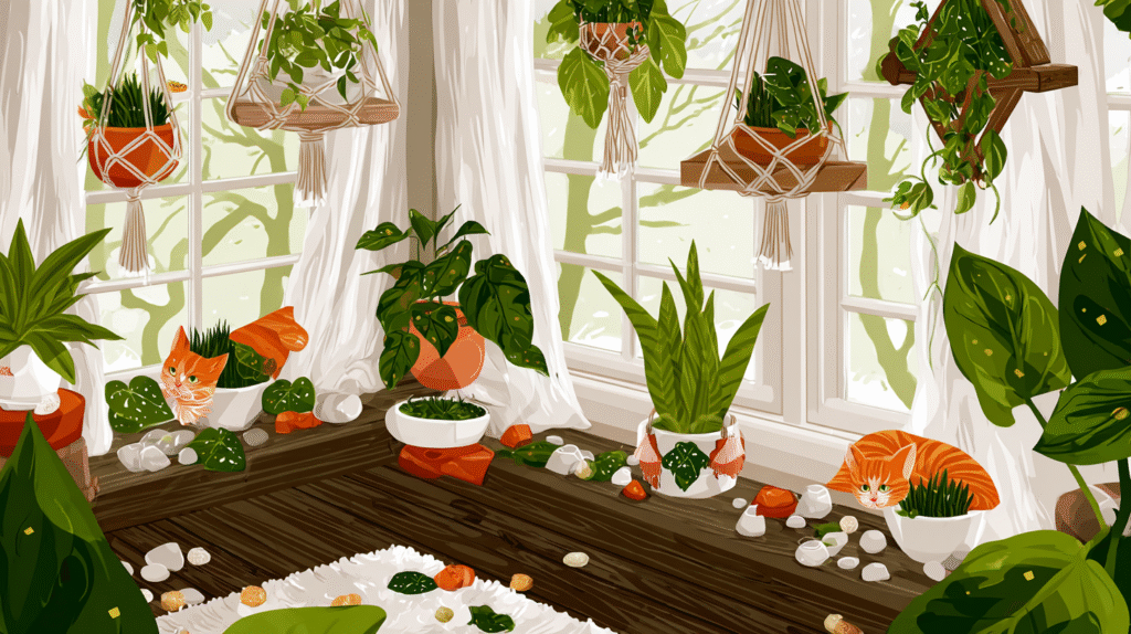 A cozy indoor jungle with cat-safe houseplants like spider plants, Boston ferns, and ponytail palms, with an orange tabby cat nearby.