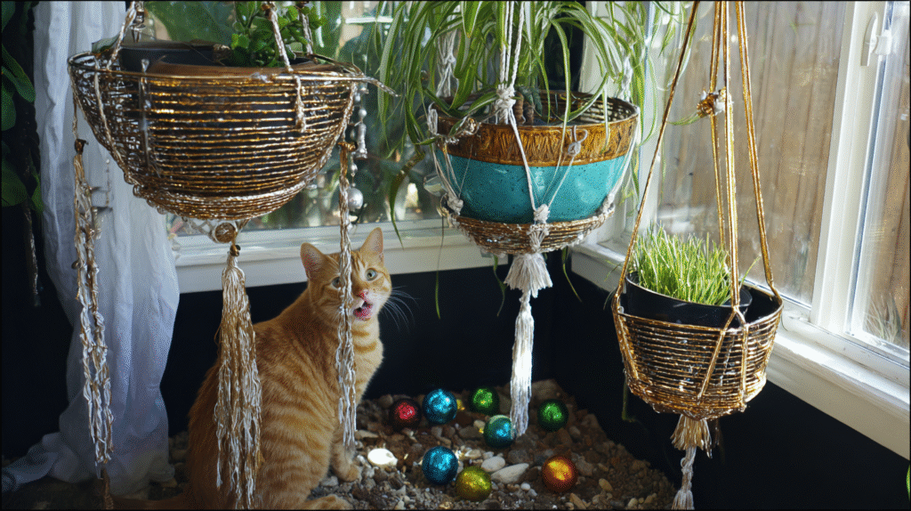 A cozy indoor jungle with cat-safe houseplants like spider plants, Boston ferns, and ponytail palms, with an orange tabby cat nearby.