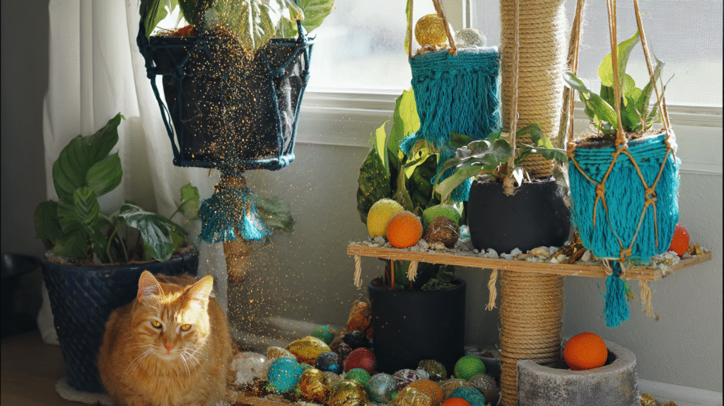 A cozy indoor jungle with cat-safe houseplants like spider plants, Boston ferns, and ponytail palms, with an orange tabby cat nearby.