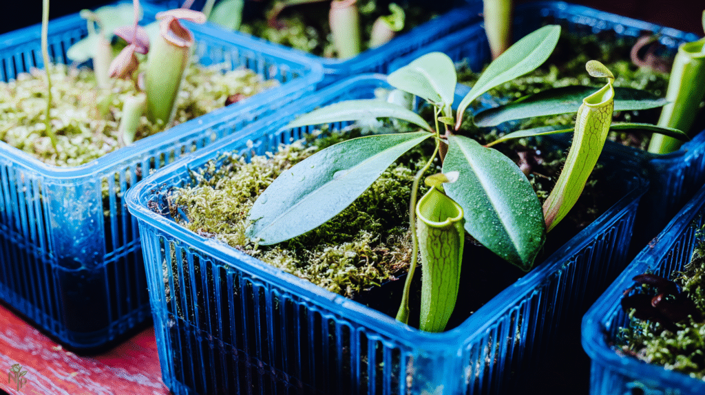 Healthy indoor pitcher plants with colorful traps sitting in water trays under bright light, vibrant green leaves, tropical bog setup.
